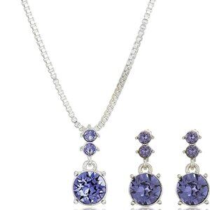 Women's Purple Silver Luxury Elegant Earrings Necklace Jewelry Set